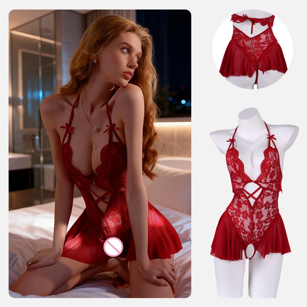 

Sensual Lingerie, See-through Mesh Lace Halter Jumpsuit, No Peeling Back, Deep V, Red Slimming Jumpsuit Set