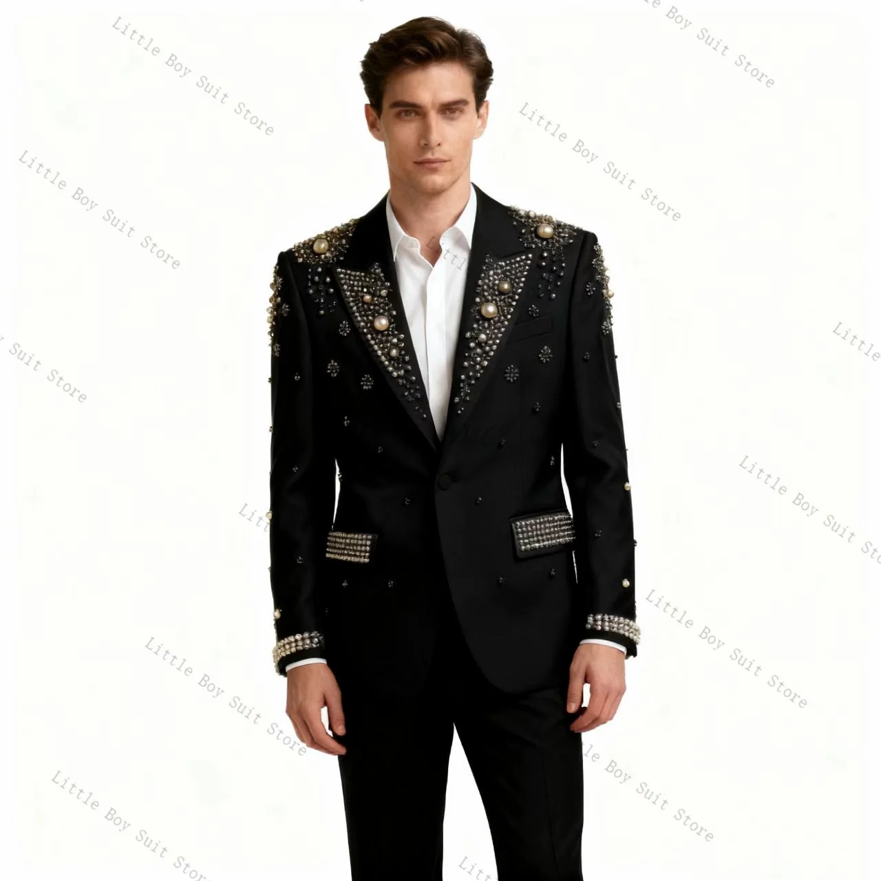 Zielony Garnitur Męski z Kryształami, 2-częściowy: Marynarka, Spodnie, Smoking Ślubny, Luksusowa Bawełna, Formalny, Do Biura, Na Imprezę, Bal, Płaszcz, Szyty na Miarę