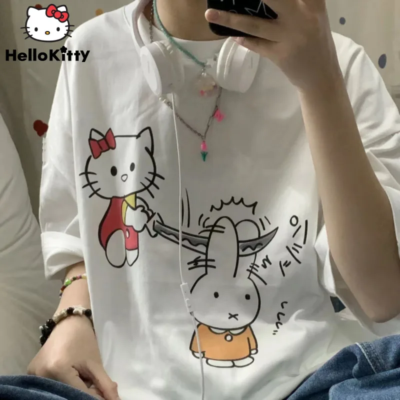 Sanrio Hello Kitty Rabbit Cotton White T-shirt Y 2k Punk New INS Fashion Cartoon Goth Funny Graphic Tees Top Girls Korean Style