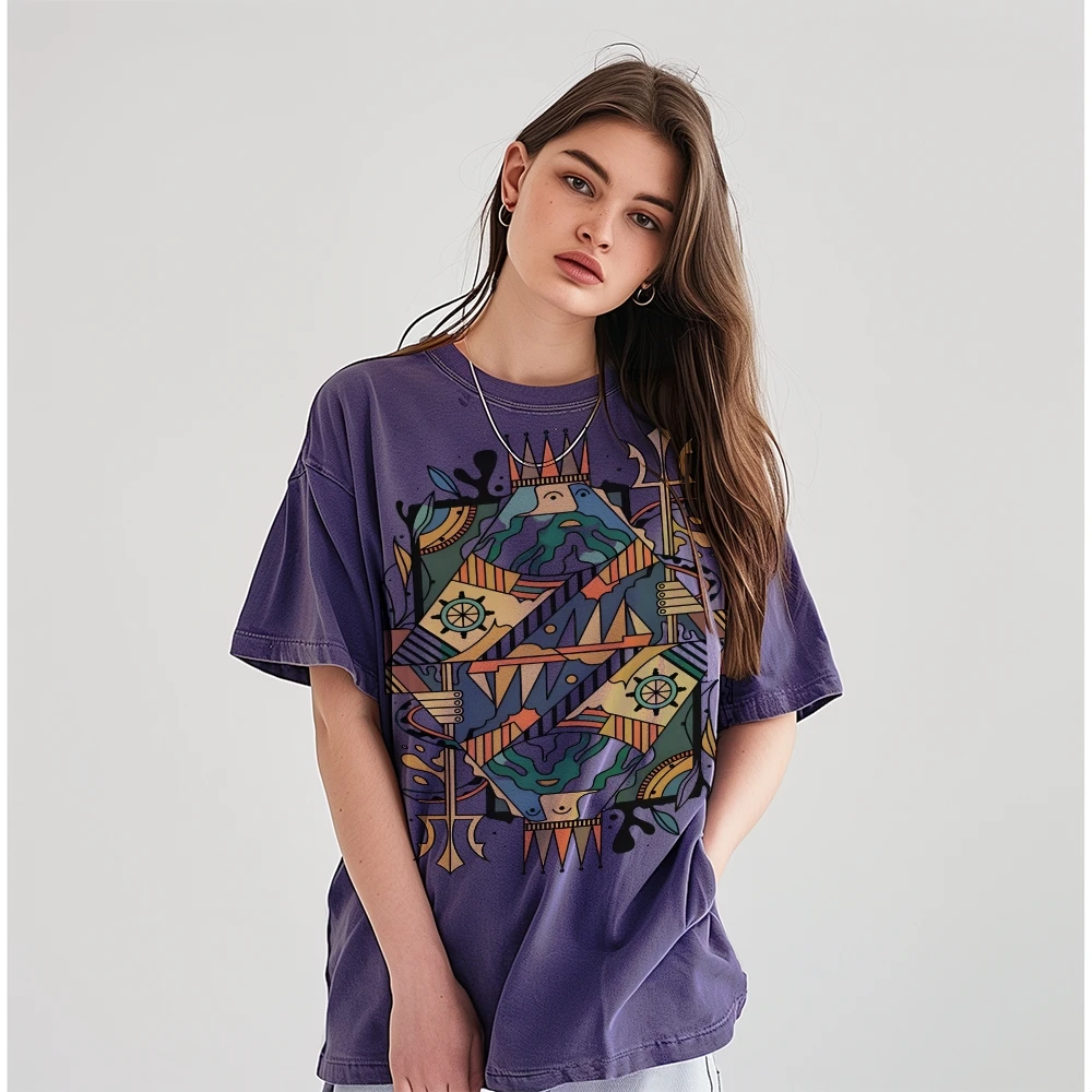 تي شيرت عتيق بأنماط فريدة مرسومة يدويًا، ملابس نسائية، تي شيرت مغسول، رسومات Y2k، مرسومة يدويًا، خارجي عتيق، تاريخي