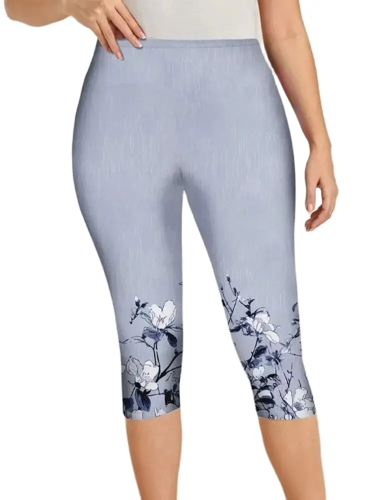 Floral floral print elastic elastic waist tight casual leggings slim cropped pants for women