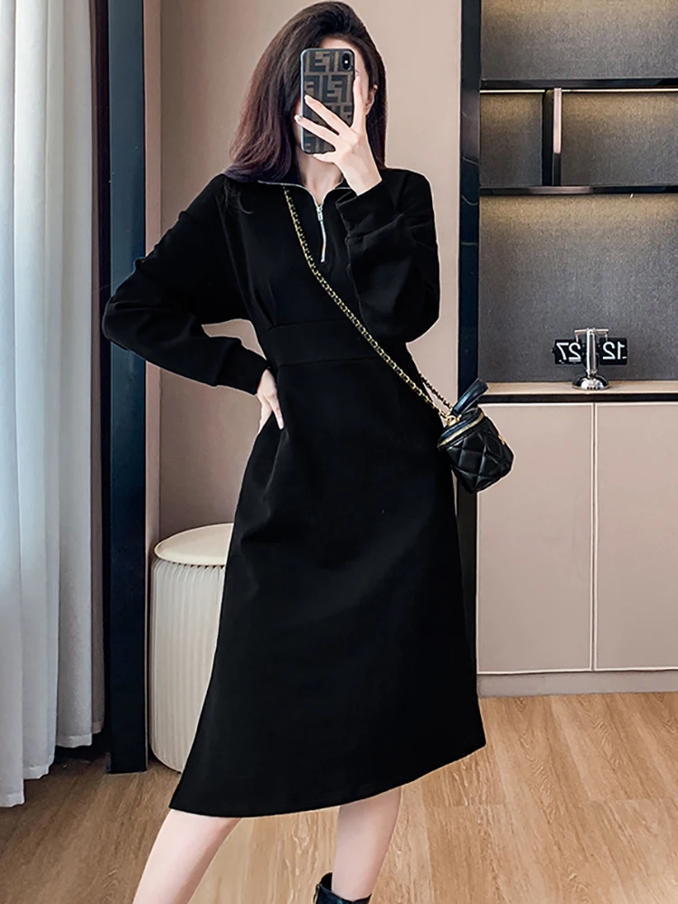 Herbst Winter Schwarz Langarm Polo Kragen Midi Kleid Frauen Vintage Hepburn Luxus Abendkleid 2025, Koreanische Elegante Prom Kleid
