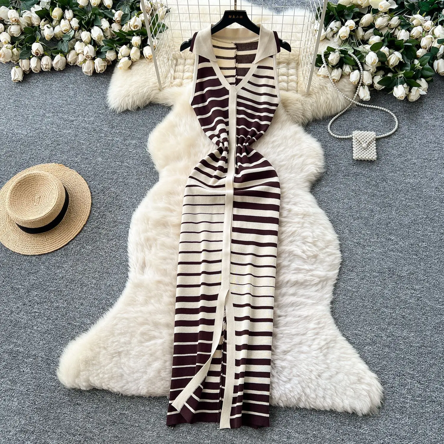 

Long Dress Women Knit Dresses A Line Vestidos Y2k Streetwear Polo Neck Sleeveless Striped Elegant Splice Party Night Work 2025