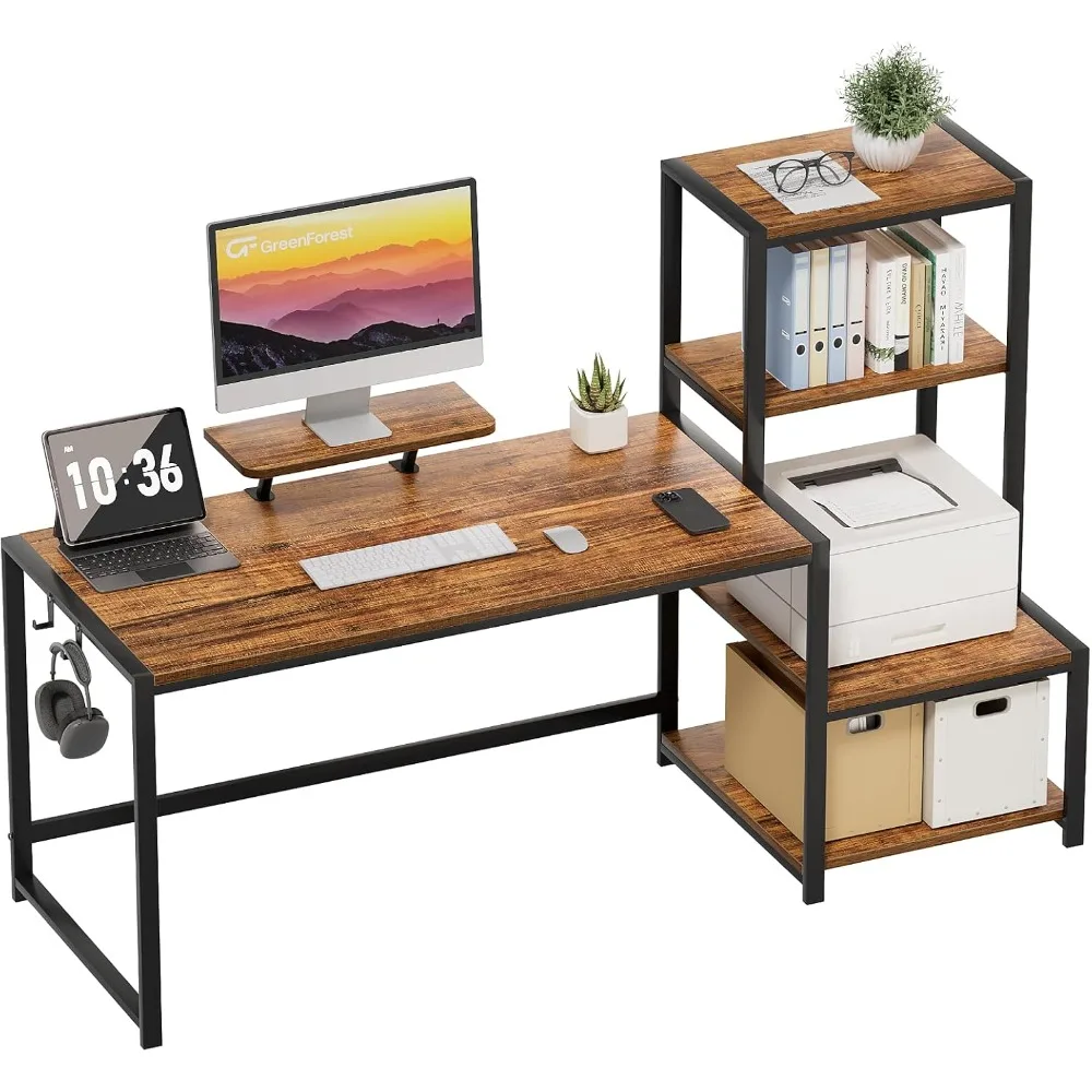 Computer Desk 58 inch with Printer Shelf, Reversible Office Desk with Monitor Stand and 2 Hooks