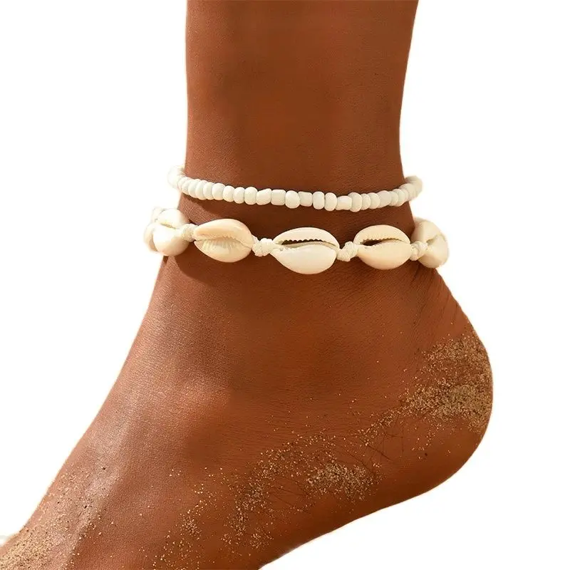 2PCS Bohemia Natural Shell Anklets For Women Small Resin Beads Summer Beach Shell Barefoot Ankle Bracelet Leg Chain Foot Jewelry