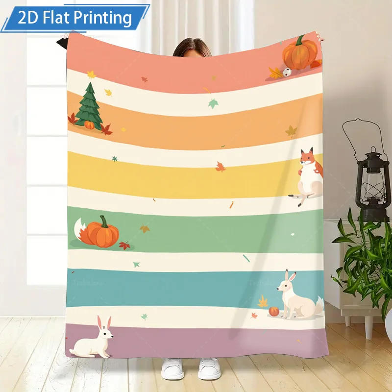 1pc cobertor de flanela outono temático cobertor de lã com raposa coelho abóbora impressão aconchegante decoração de outono para casa e cama