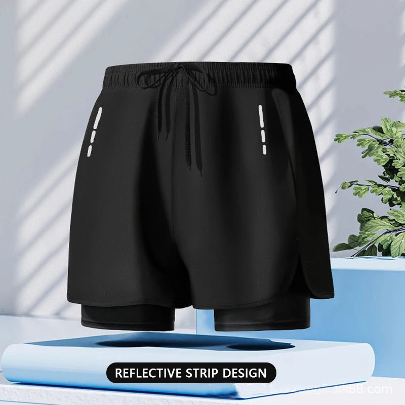 Hot selling men's sports double-layer swimming trunks loose oversized flat angle anti awkward running and fitness swimming trunk image 3