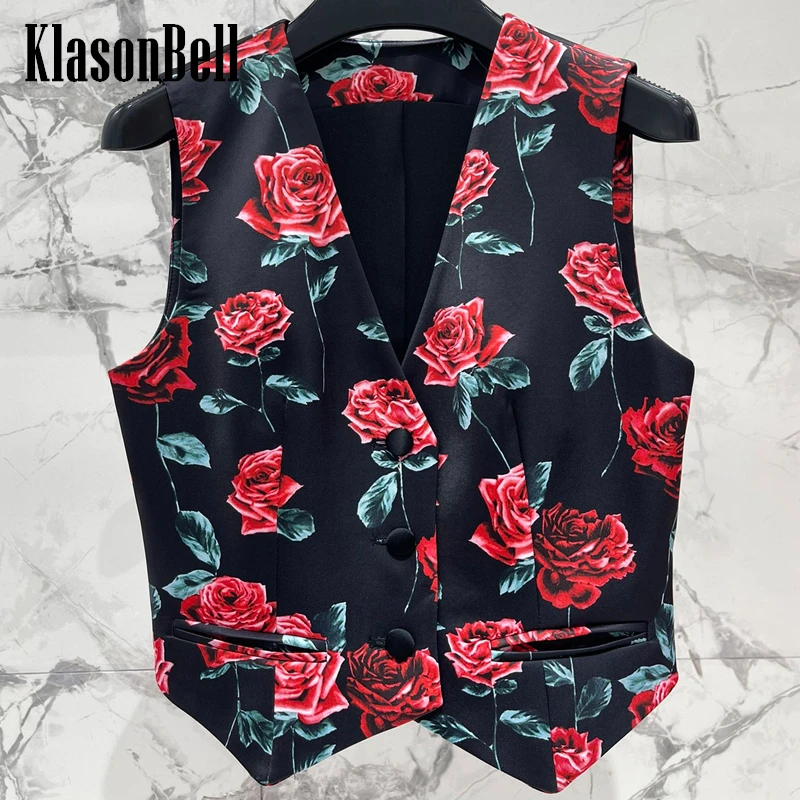 

1.2 KlasonBell 2024 New Rose Print V-Neck Vest Women Thin Single Breasted Sleeveless Blazer Female Slim Short Vest Top