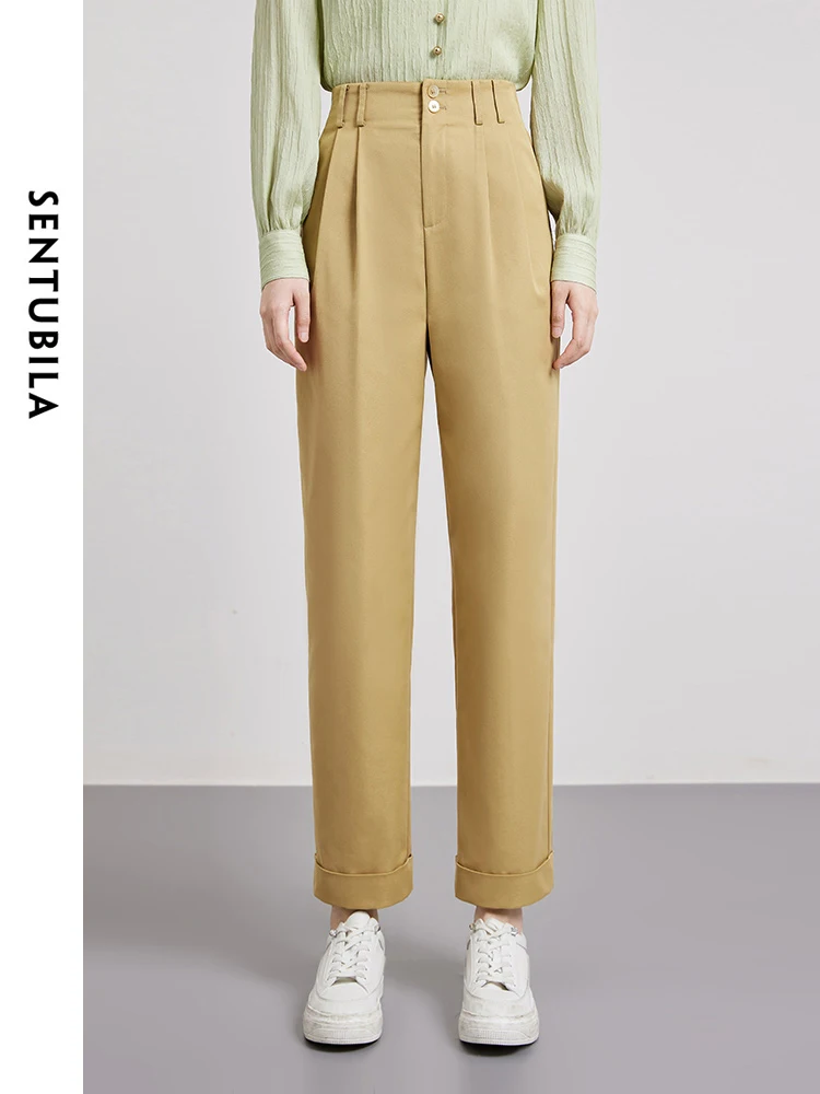 

SENTUBILA Khaki Harem Pant for Woman 2024 Spring Summer New Comfort Straight Leg Ankle-length Pants Casual Trousers 141K52654