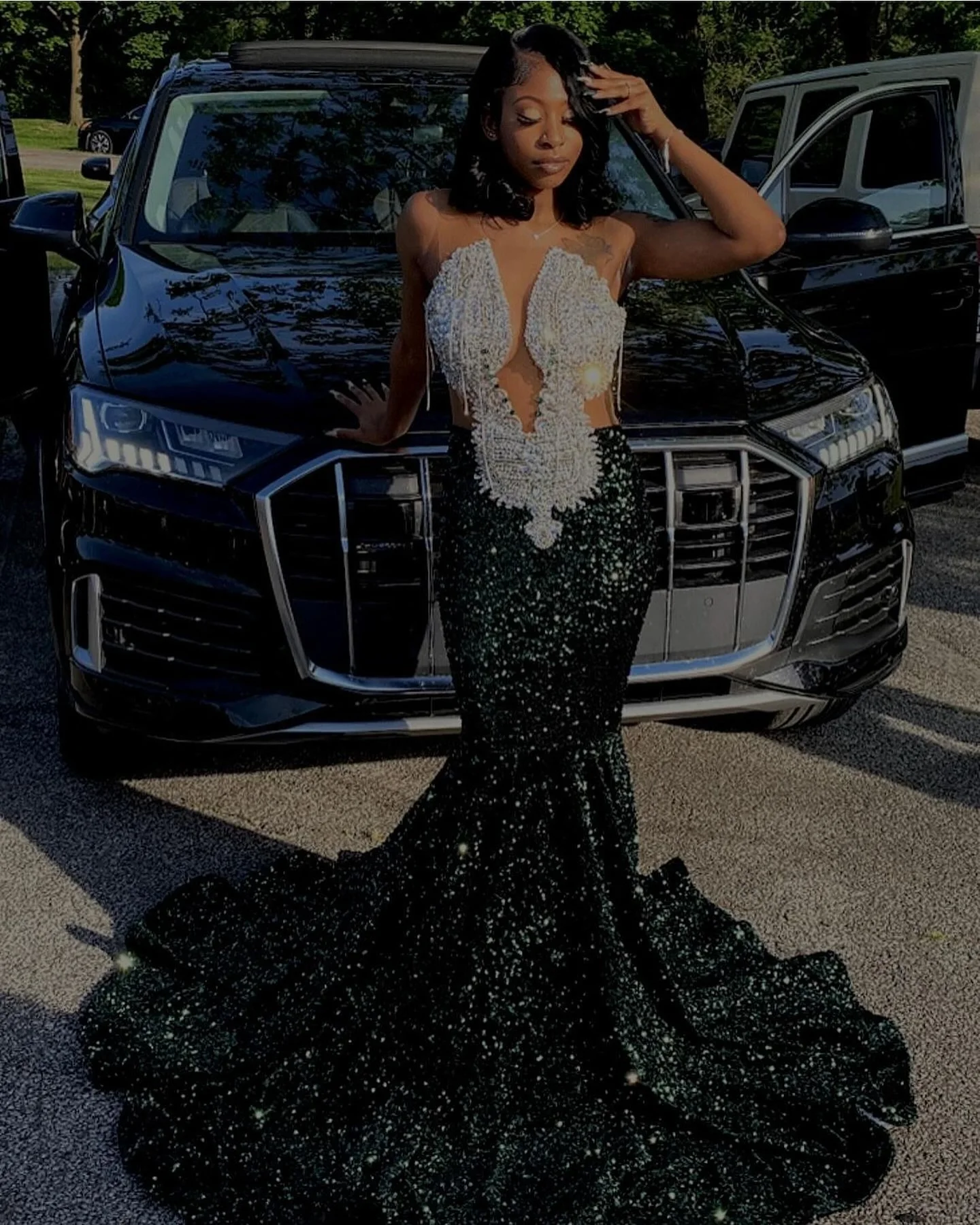 Glitter Sequin Mermaid Prom Dress For Black Girls Luxury Crystal Rhinestone Bead Evening Party Gala Gown Birthday Robe De Soiree