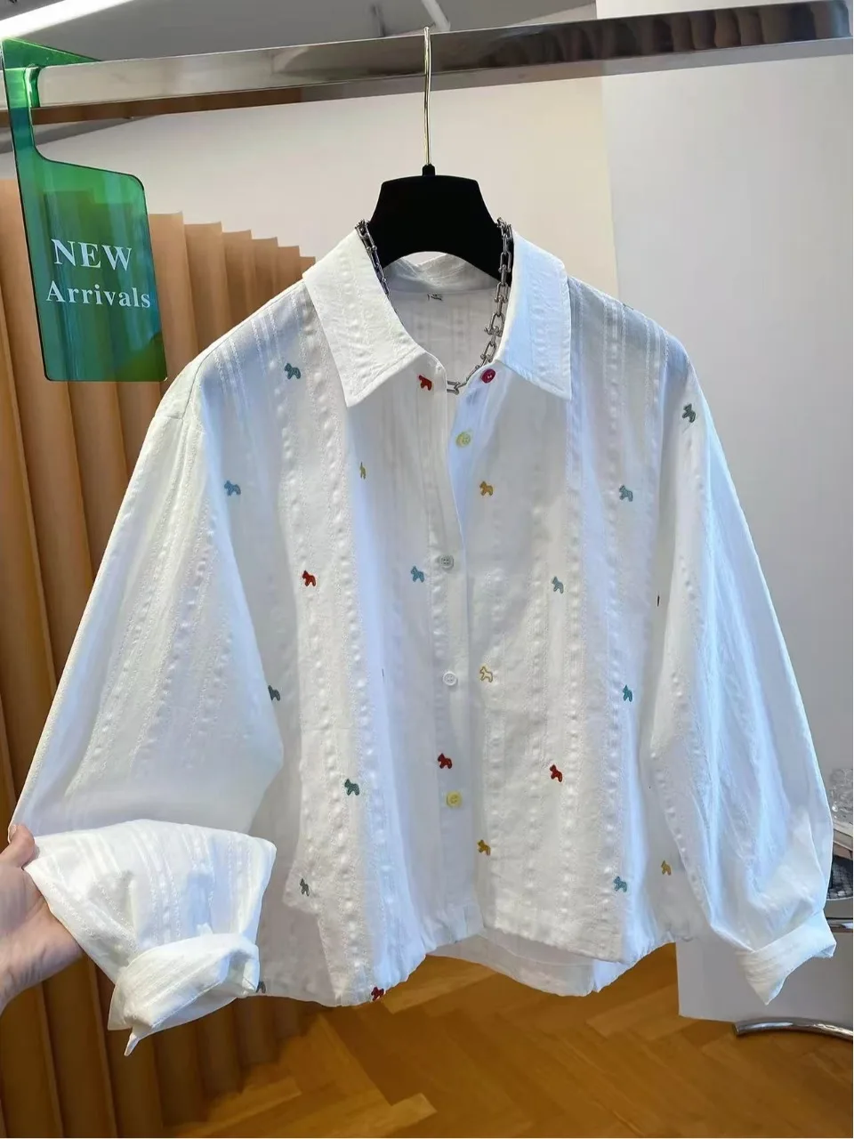 

Loose Fit Pure Cotton Long Sleeve round Neck Shirt Women's Korean Style Lazy Fashion Unique Beautiful Cut Label Shirt
