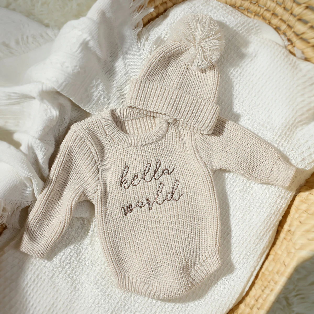 Ylsteed Hello World Knitting Newborn Photography Romper with Matching Pomp Hat Baby Boy Girl Sweater Outfits for Photo Shooting