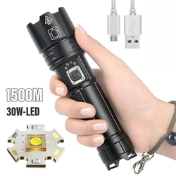 Super Bright LED Flashlight USB Rechargeable Torch Light With 30W LED Can Illuminate 1500 Meters Tactical Lantern