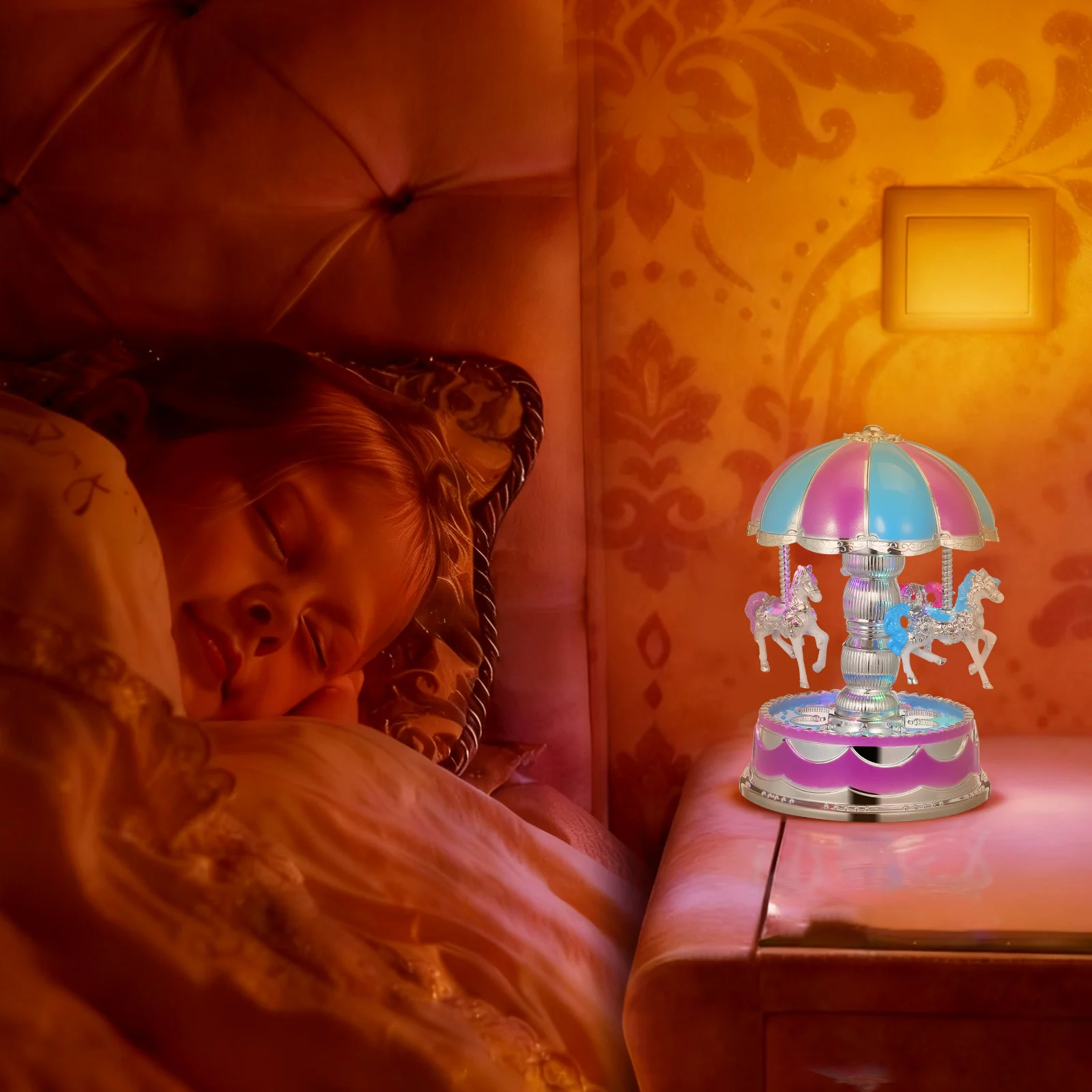 

Carousel Music Box Rotate LED Light Purple Romantic Night Light Decorative Rotating Music Box for