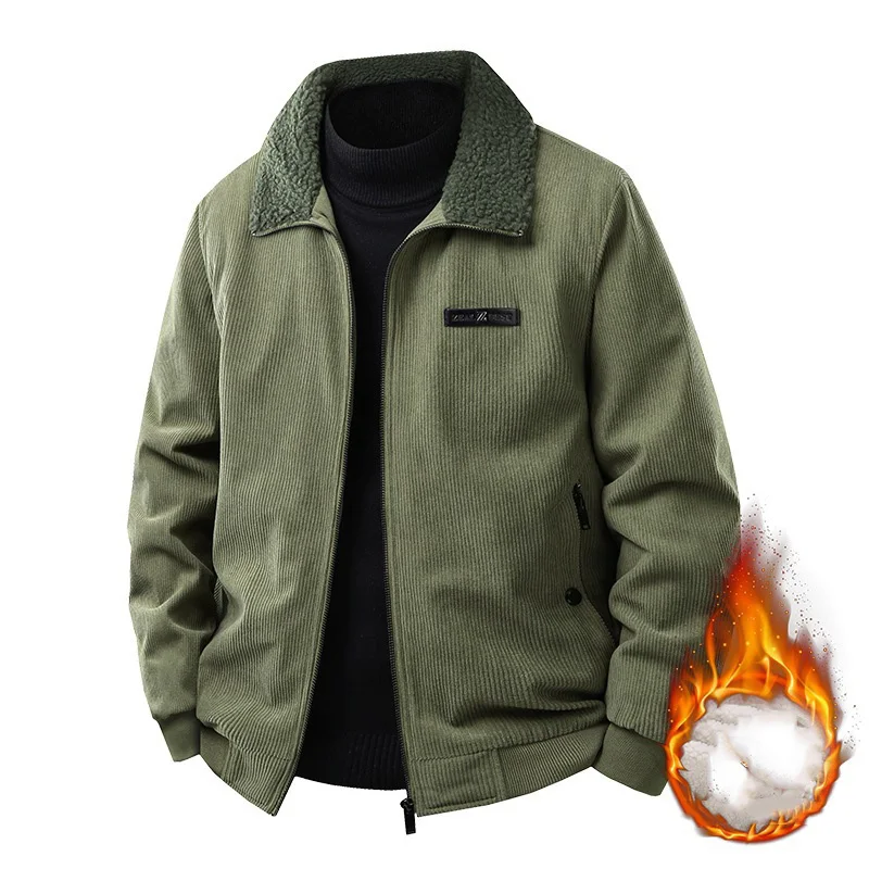 

Man Jacket Winter Simple Solid Color Turn Down Collar Men Cargo Coat Thicken Fleece Warm Long Sleeve Zipper Male Outerwear