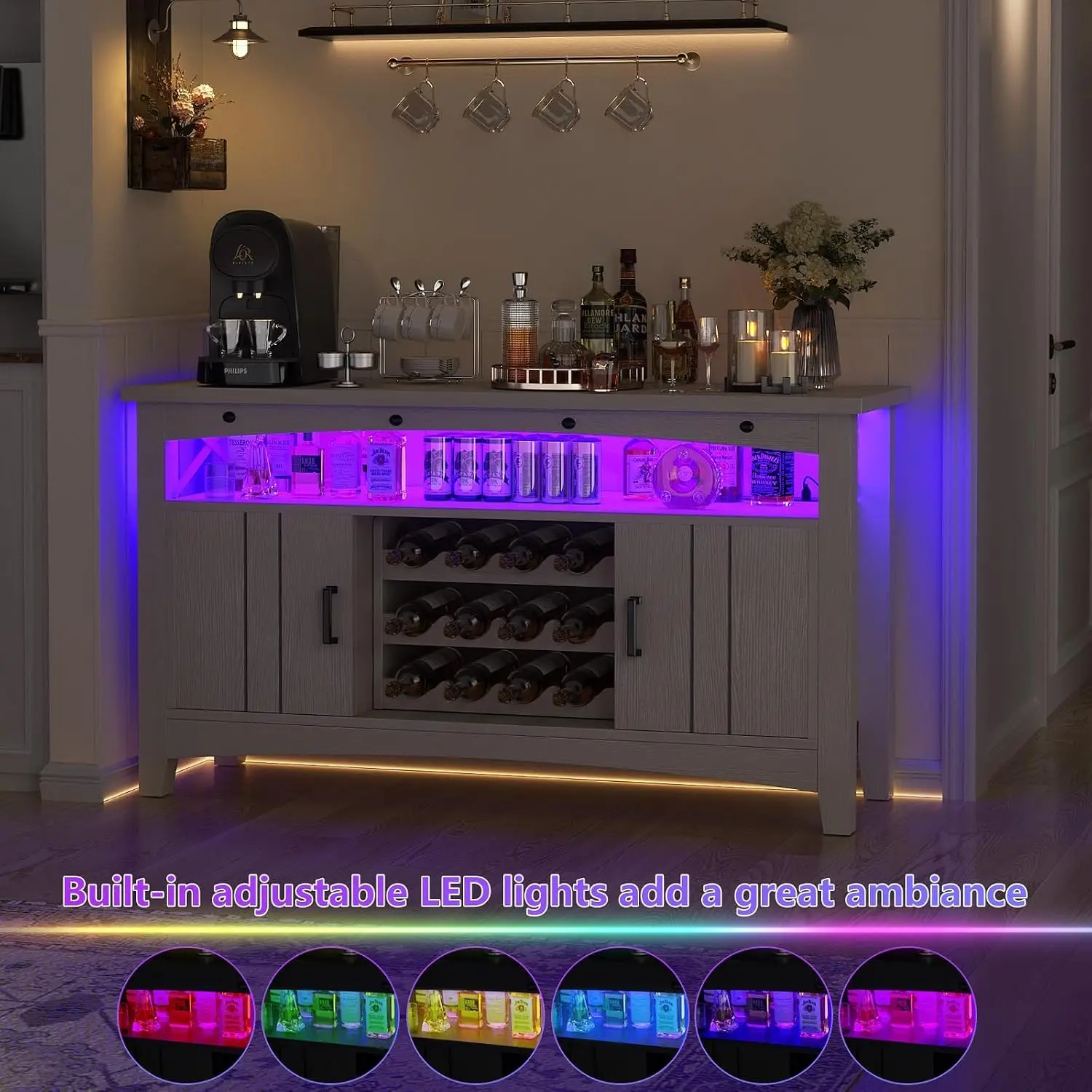 Farmhouse Bar Cabinet with Power Outlets, LED Lights, Storage & Movable Wine Rack, 47.2