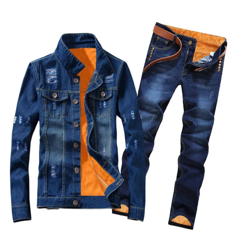 Winter Women Men Fleece Lining Thick Warm Denim 2 Piece Set Slim Cowbody Jacket Jeans Suit Safari Style Cargo Pants Matching Set