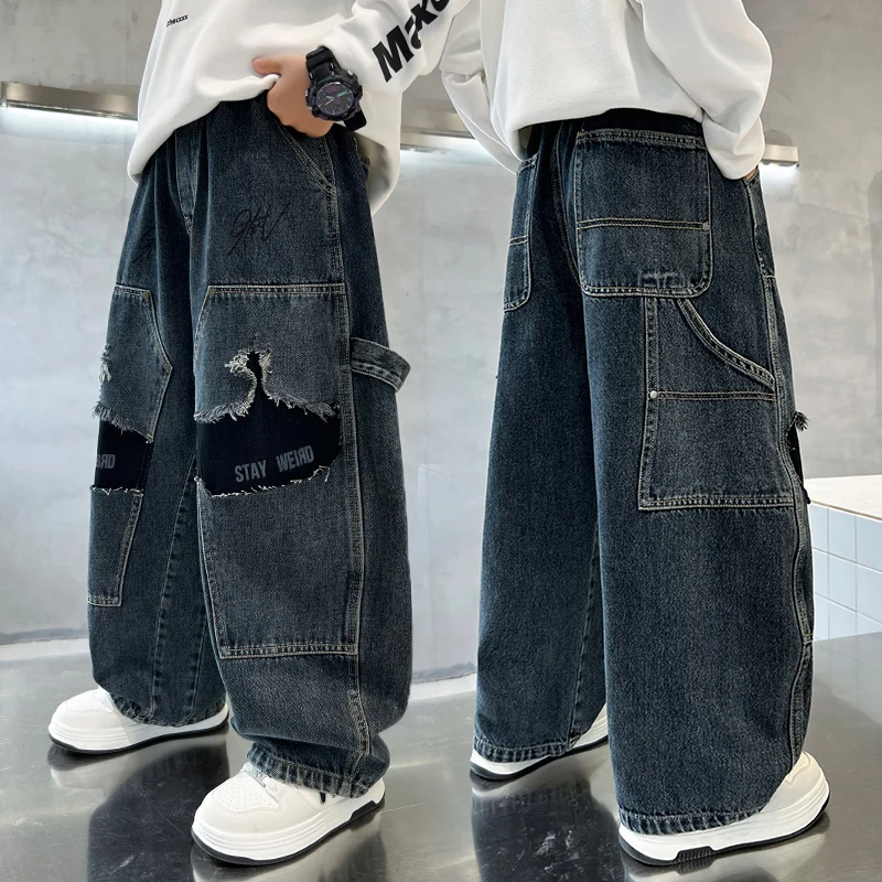 

2025 New Autumn Wide-leg Jeans Multi-pocket Splicing Contrasting Color Design Fashionable and High Quality