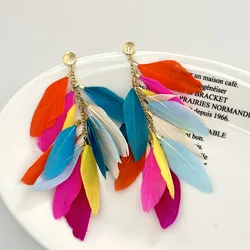 Bohemia Style Exaggerated Colorful Beach Holidays Earrings Big Long Fringed Feather No Piercing Clip on Earrings for Women