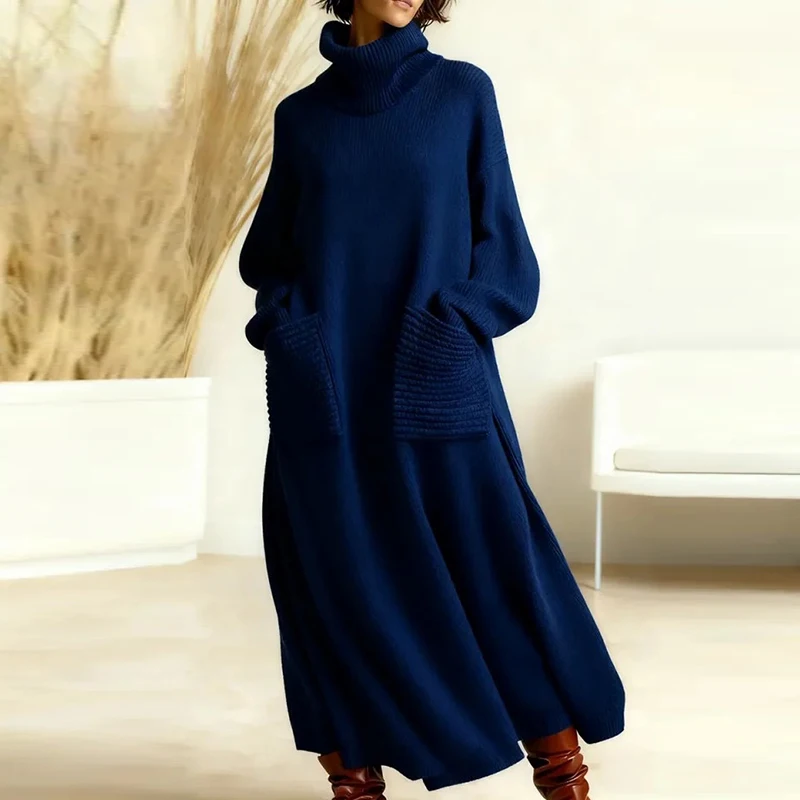 

Simple Solid Color Lady Turtleneck Pocket Knitted Dress Casual Loose Long Sleeved Commuting Dress Thickened Warm Hem Women Dress