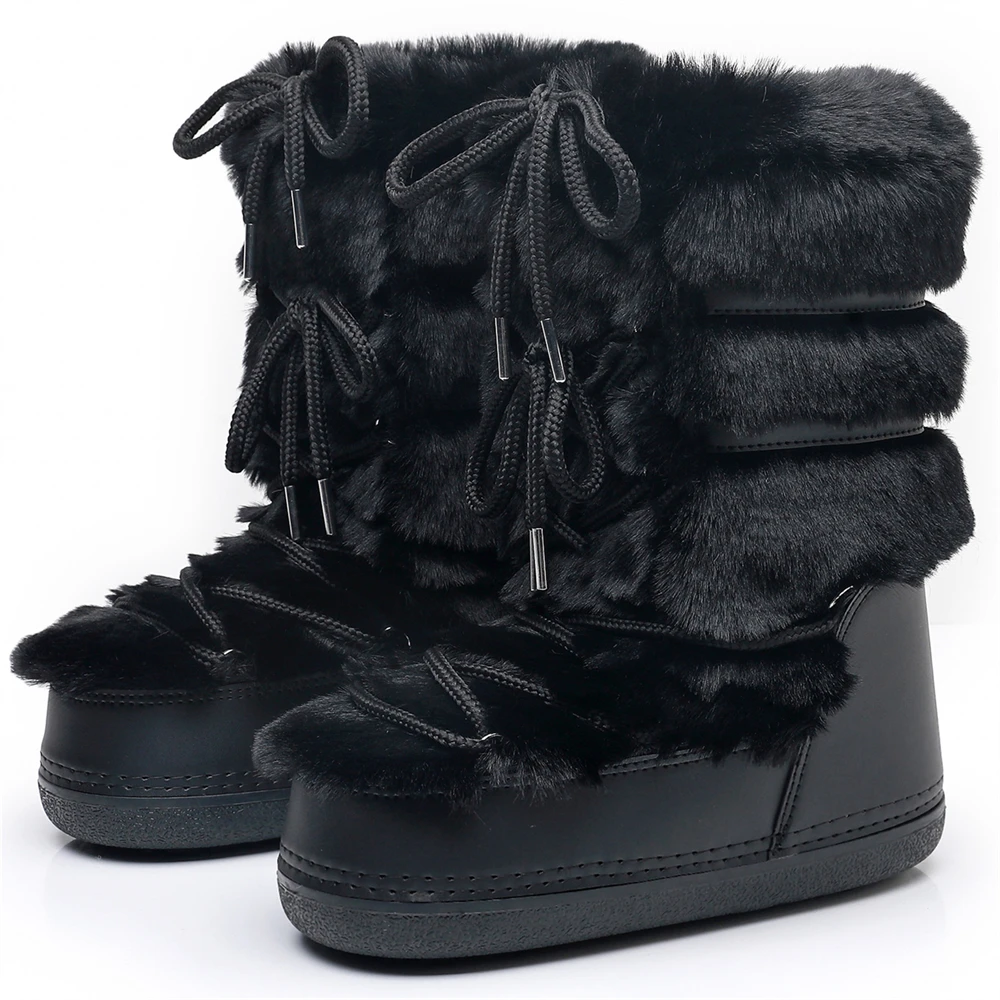 Snow Boots for Women Brand Design Luxury Fluffy Furry Fuzzy Faux Fur Boots 2024 Winter Mid-Calf Lace-up Waterproof Ski Boots