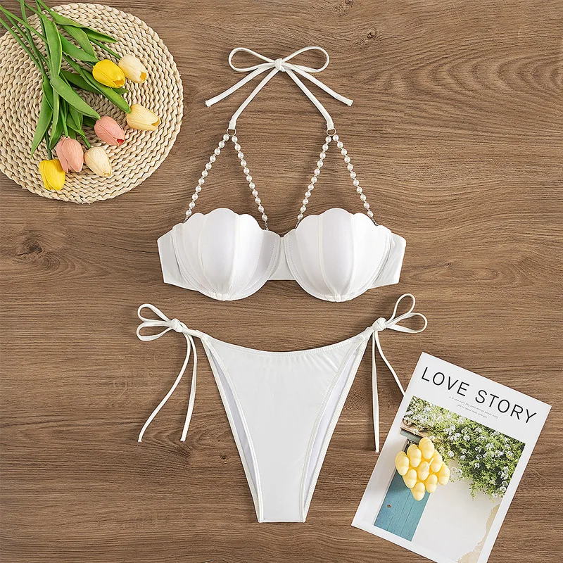

White Pearl Strap Shell Bikini Set Tie Side Two-Piece Swimsuit