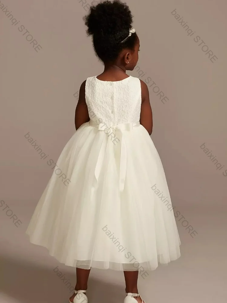 

Ivory Color Flower Girl Dress Elegant Tulle Lace Appliques Midi Dresses Formal Occasion Wedding Birthday Ball Can Bespoke Gown