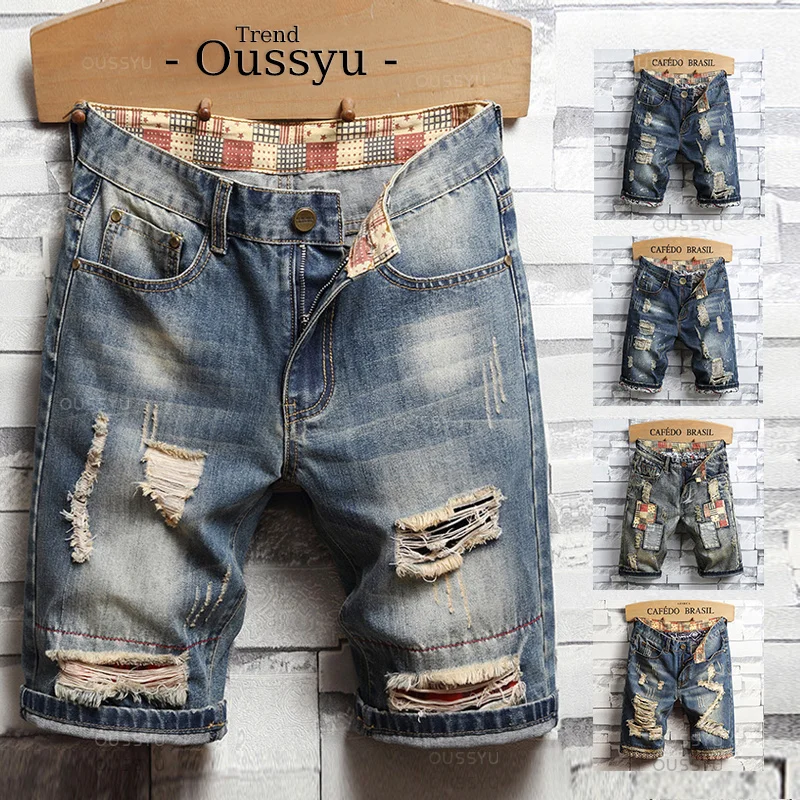 Summer Cotton Men's Ripped Hole Denim Shorts Casual Straight Retro Biker Knee Length Short Jeans Male Streetwear Plus Size