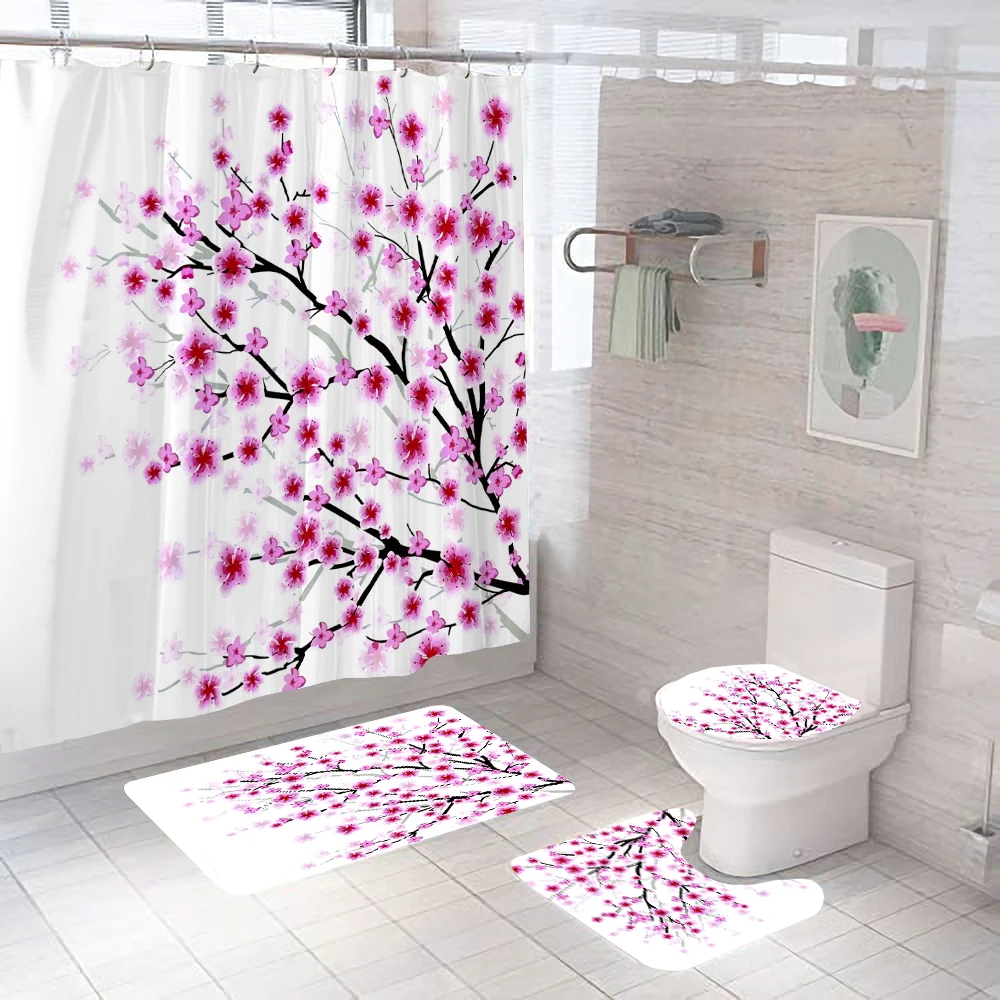 Romantic Cherry Blossom Shower Curtains Bathroom Curtain Set Pink Sakura Plum Flowers Bath Curtains Toilet Mat Rug for Bathtub