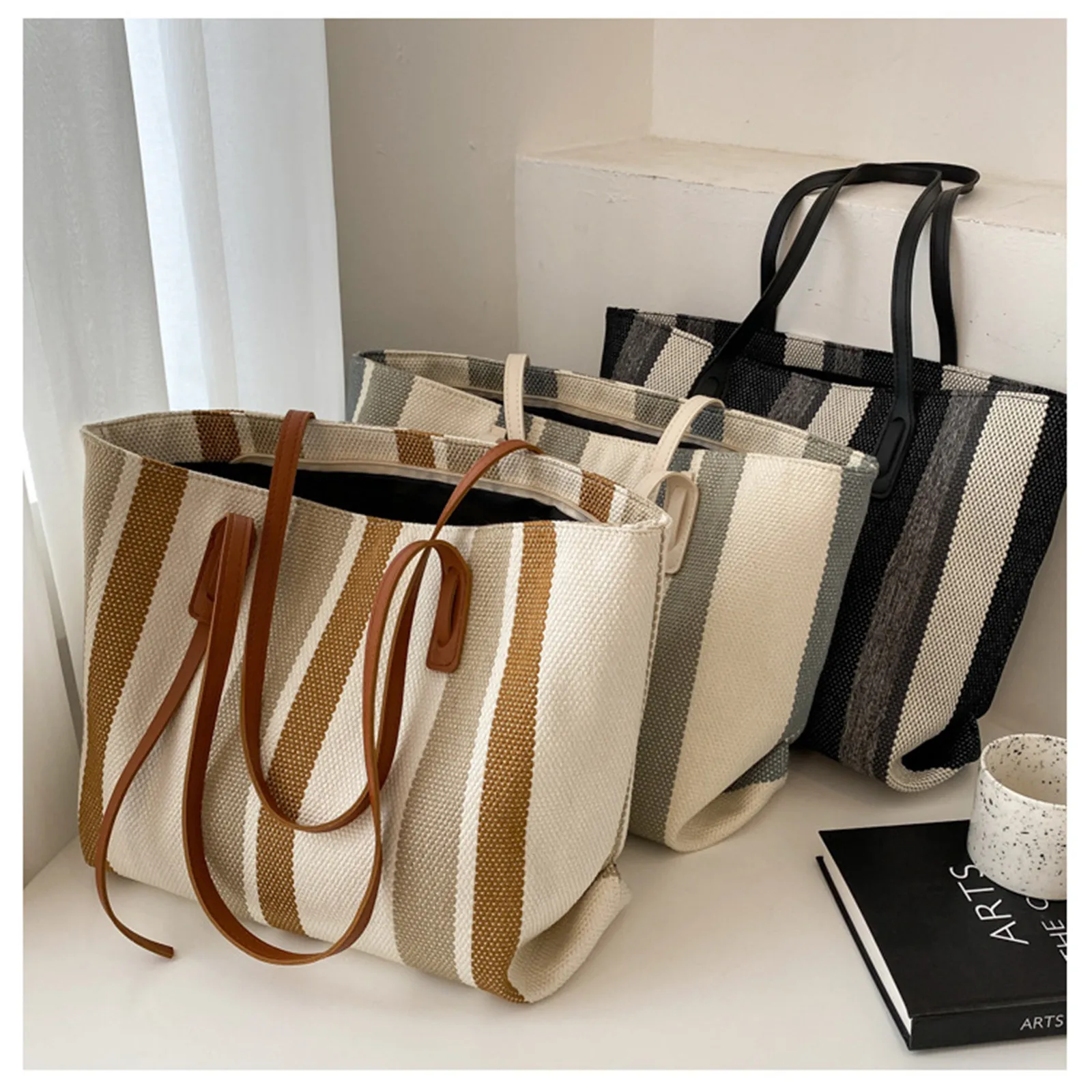 Large Capacity Women\'s Shoulder Bag Simple Vertical Stripe Casual Tote Bag 2024 Summer Fashion Handbag Female Canvas Shopper Bag