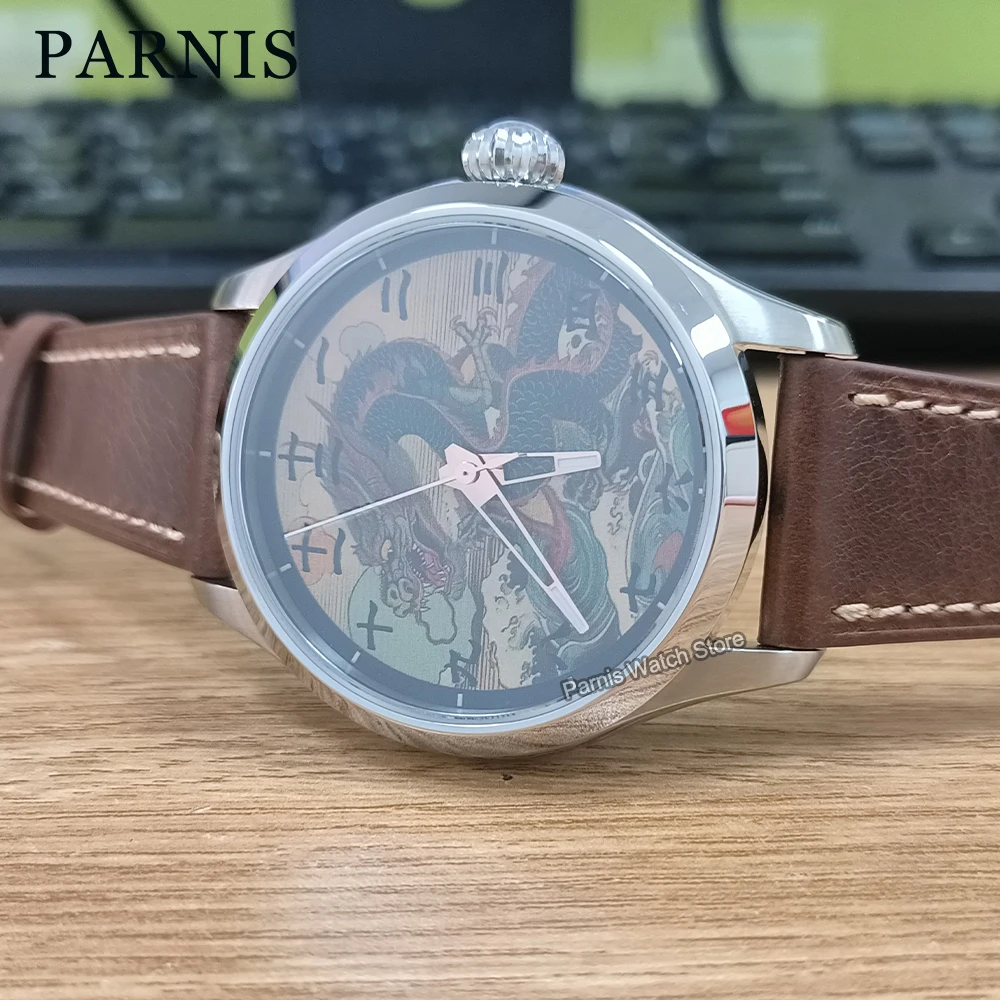 42mm Parnis Automatic Movement Men's Casual Black Capital Numerals Wristwatch Sapphire Crystal Dragon Drawing Custom Made Dial