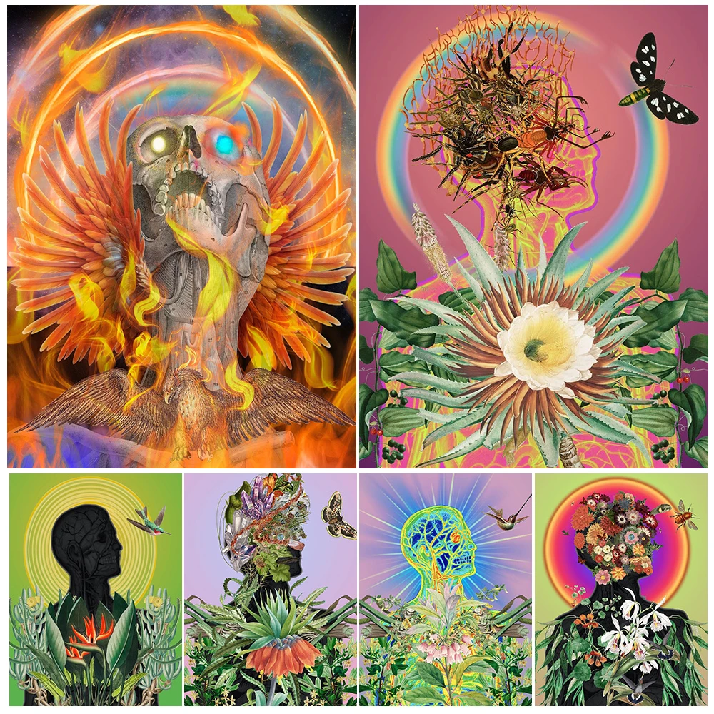 

Plants,Flowers,Butterflies,Birds,And Human Body Abstract Wall Art Canvas Print Surreal Fantasy Natural Magic Art Poster Print