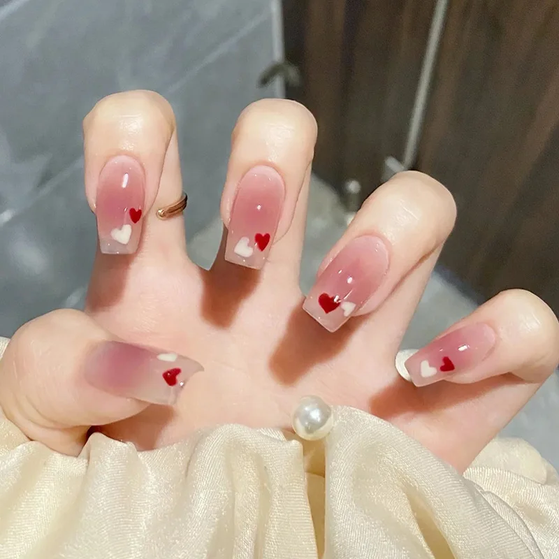 

24Pcs Premium Press-On Nails – Long Square Shape With Icy Pink Ombré & Heart Designs Luxury Gradient Effect