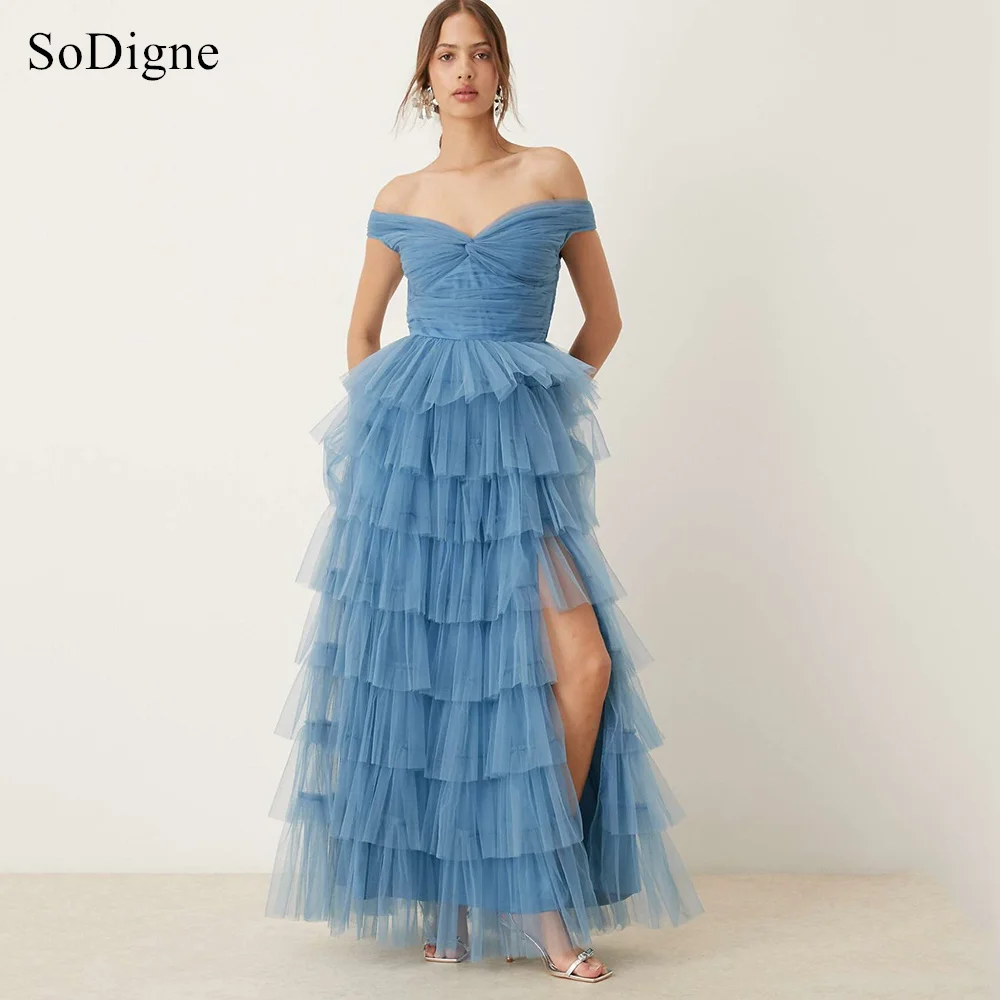 

SoDigne Elegant Blue A-Line Evening Dresses Off The Shoulder Sleeveless Party Dress Side Slit Tiered Prom Gowns Customized