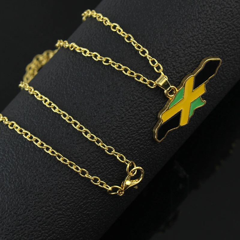 Jamaica Map and National Flag Pendant Necklaces Gold Color Jewelry Jamaican Maps Accessories