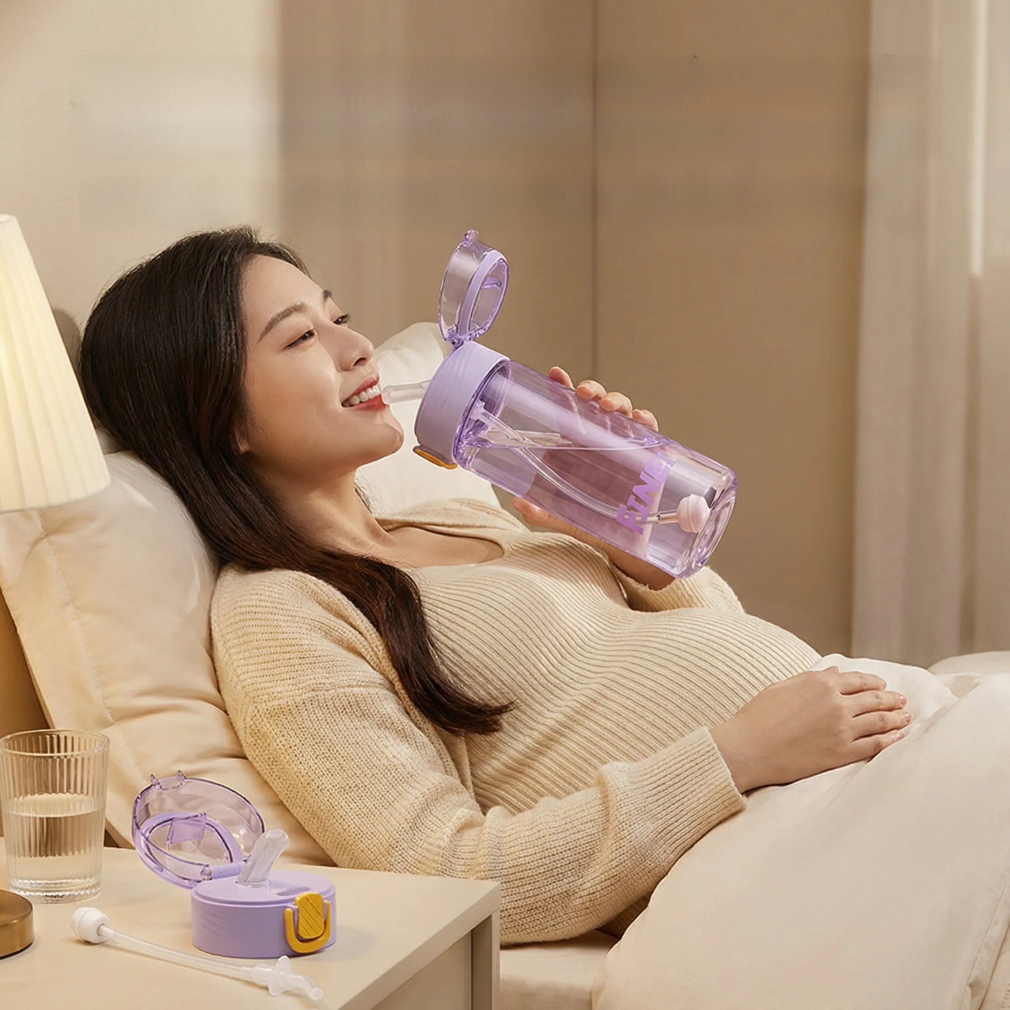 妊婦用大容量断熱ストローカップ-重力ボール付き-寝ながら飲めるウォーターカップ-シンプルなインスタイル
