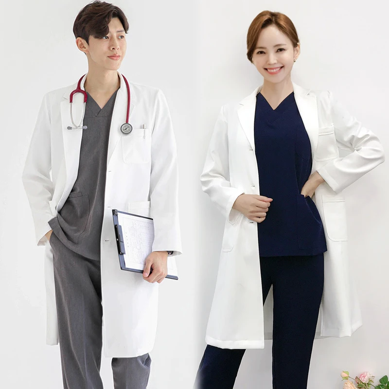 

Korean Style Long Lab Coat White Doctor's Uniform Women's Mid-Length Workwear Polyester Material Medical Laboratory Coat