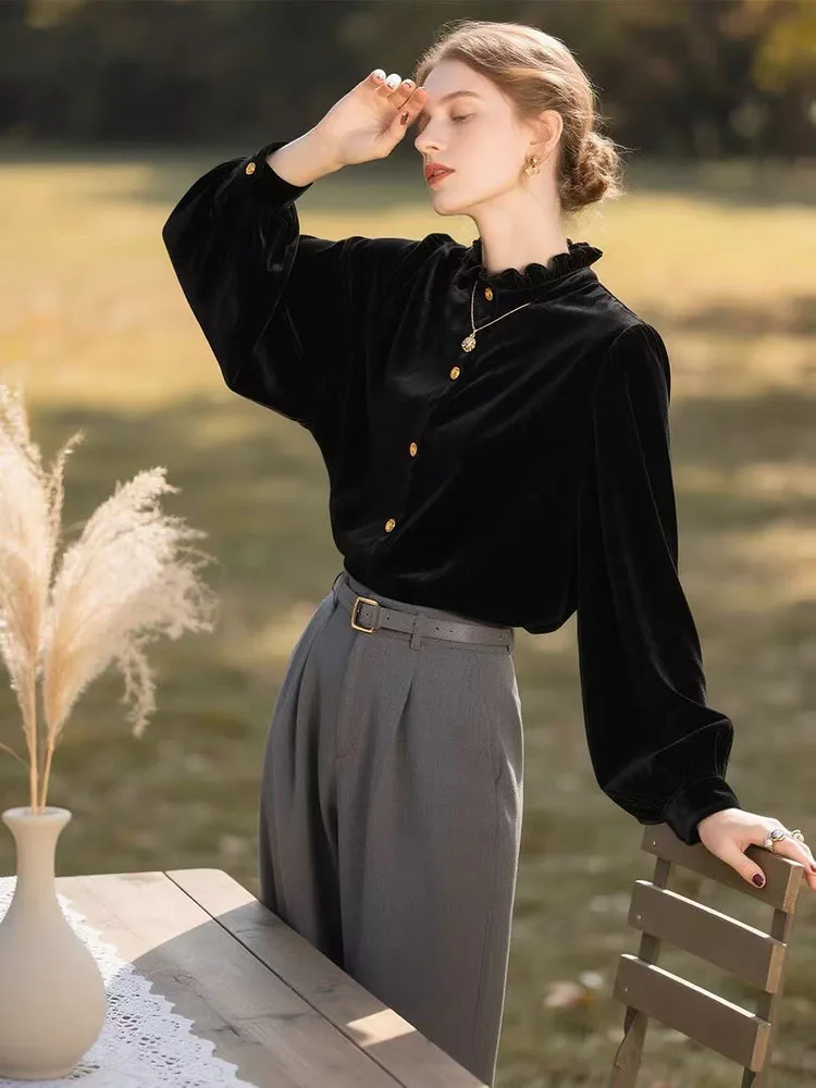 Autumn Velvet Black Shirt for Women Korean Elegant Office Lady Long Sleeve Tops Y2K Harajuku Half Neck Casual Female Blouse