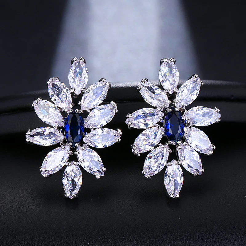 JMK Luxury Blue Crystal Cubic Zircon Stud Dangle Earrings For Women Bridal Wedding Silver Plated Party Accessories Jewelry