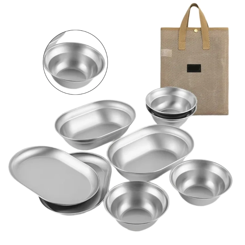 6/8/10PCS Stainlesss Steel Plate Set Metal Dinner Dishes for Camping Easy to Clean Dinnerwares Metal Picnics Tablewares