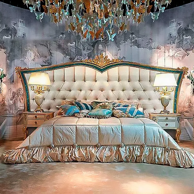 Italian French shell parquet double bed European luxury princess bed large apartment villa solid wood carved wedding bed