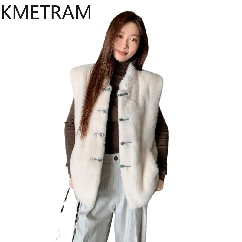 KMETRAM Natural Mink Fur Vest Women New Chinese Style Fur Jacket Luxury Sleeveless Real Fur Coat Woman Clothing 60cm 2026 casaco