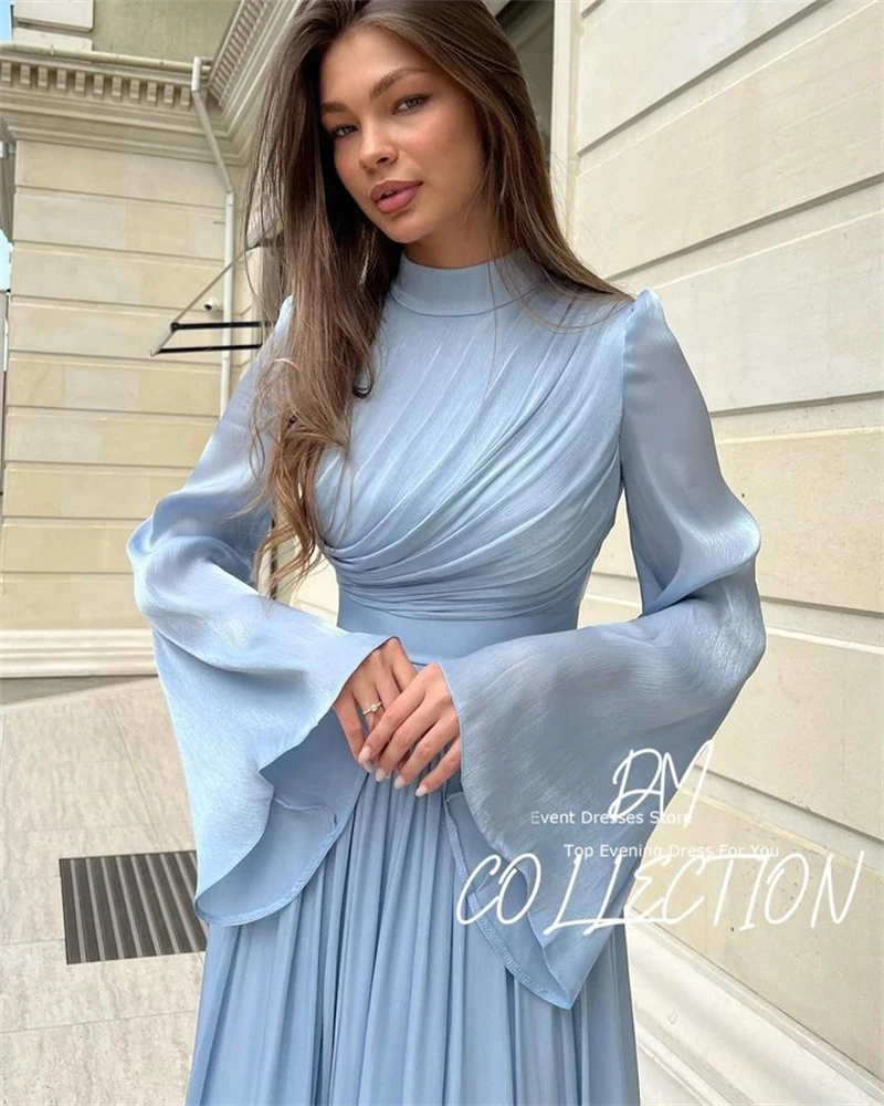 OLOEY Modest Dusty Blue Arabic Evening Party Dresses Flare Long Sleeves High Neck Silk Chiffon Ankle Length Prom Formal Gowns