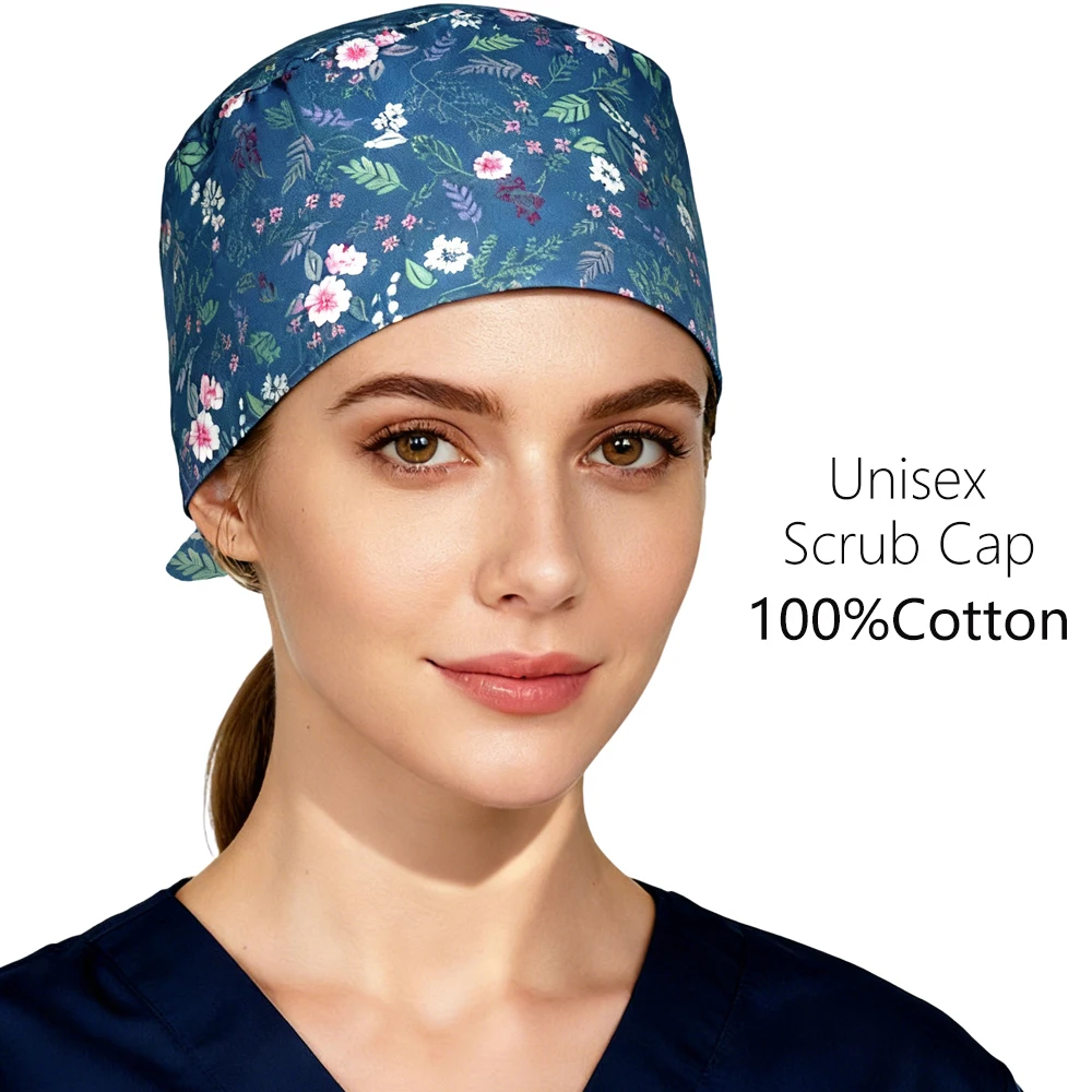 

Кепка унисекс для косметолога, 100% хлопок, с цветочным принтом, больничные медицинские шапки для кормления, стоматологический анестезиолог, аптека, хирургические шапки