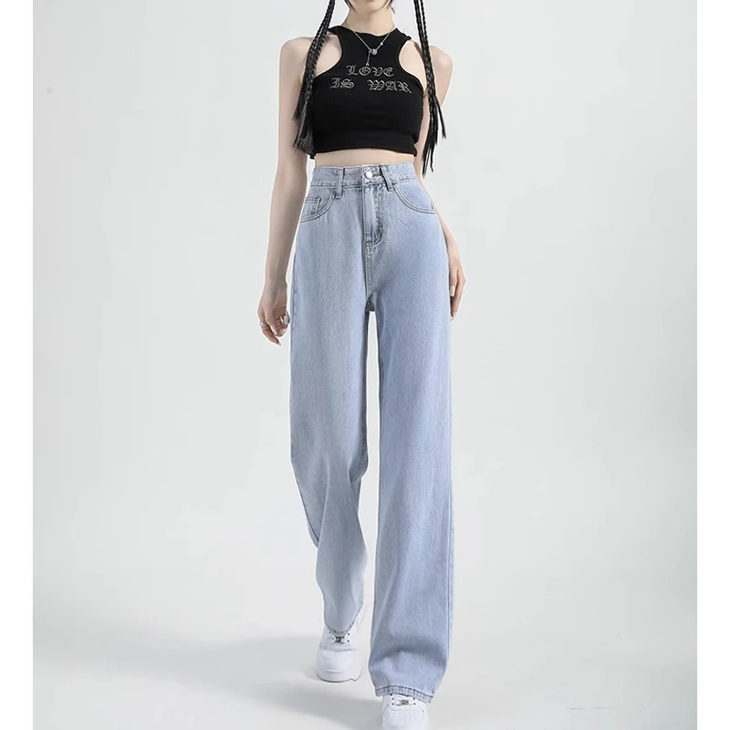 

WCFCX STUDIO Korean High Waist Loose Straight Pants Woman Autumn Streetwear Baggy Jeans 2023 Classic Washed Denim Trousers