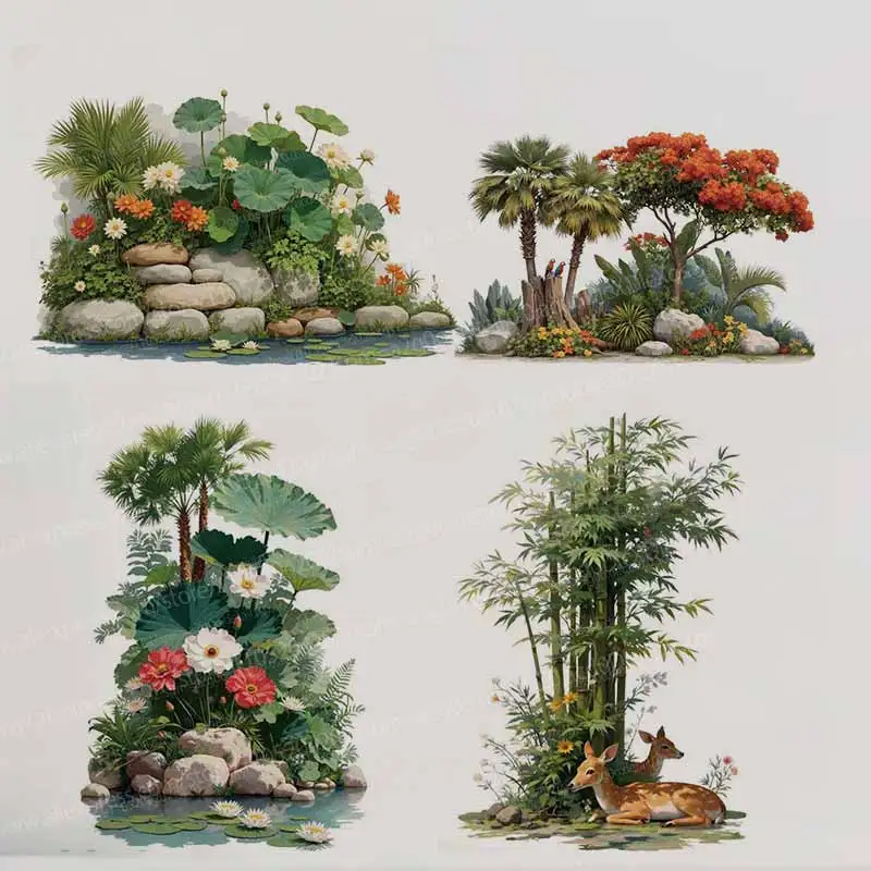 

Tropical Plant Flower Tree Wall Stickers Self-Adhesive Fresh Simple Background Decorations for Home Garden AA413