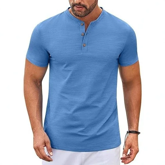 Men's Casual Print Shirt Short Sleeve Three Button Stand Collar Cleanfit PU Leather Nine Points Sleeve Length Summer Fashion