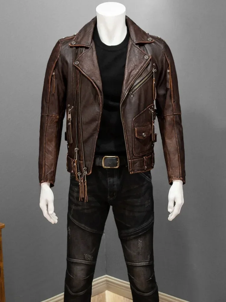 Męska kurtka z prawdziwej skóry bydlęcej Streetwear Punk motocyklowy krótki płaszcz jesienny zamek błyskawiczny Slim Vintage kurtka pilotka rozmiar 5XL 6XL — zdjęcie 4