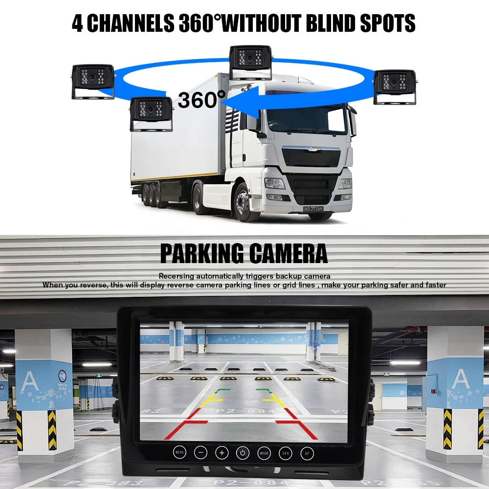 AI BSD Wired Blind Spot Monitor System 360 Front And Rear View Backup Camera For Truck Car Screen Display AHD DVR Kit