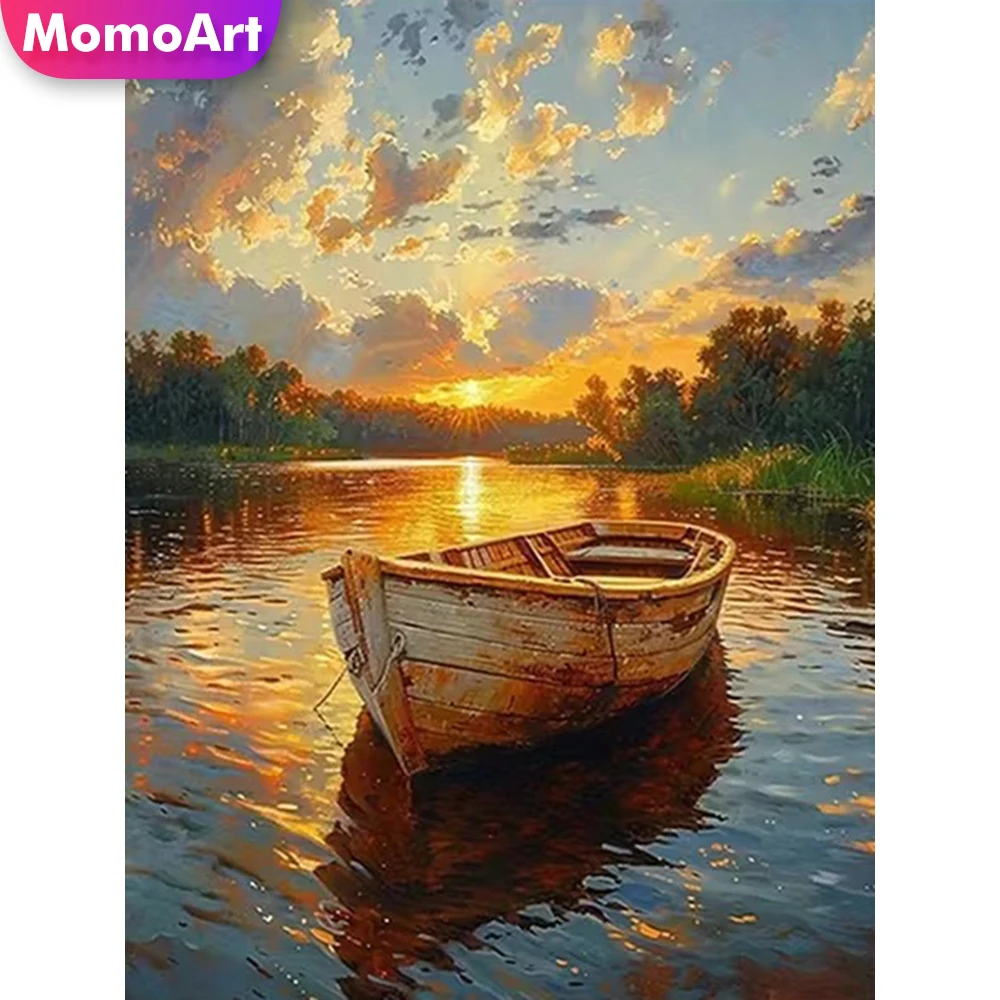 Momoart DIY Diamant-Stickerei Boot-Landschaftsmalerei-Muster für Erwachsene Anfänger Diamant-Mosaik Sonnenuntergang Heimdekoration
